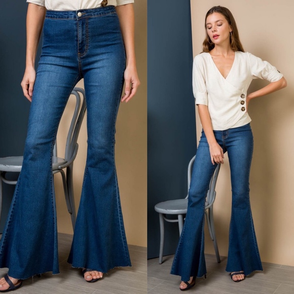 03 Boho Flared Wide Leg Denim Dark Wash Jeans - Picture 3 of 5